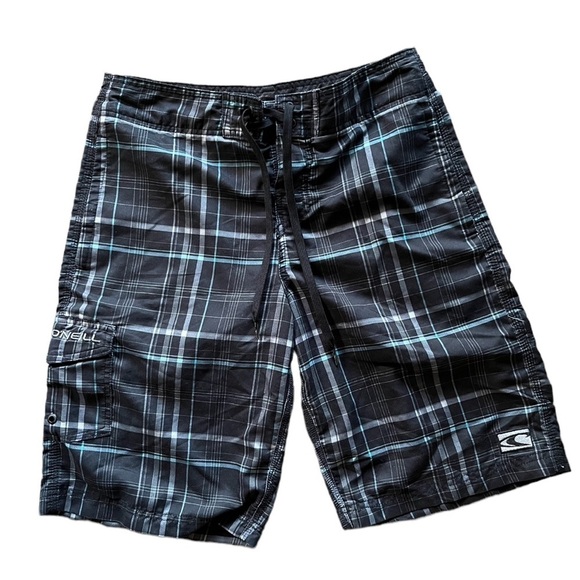 O’Neill Men’s Hybrid Technology Plaid Black/Blue Board Shorts Tie Waist Size 30 - Picture 1 of 10